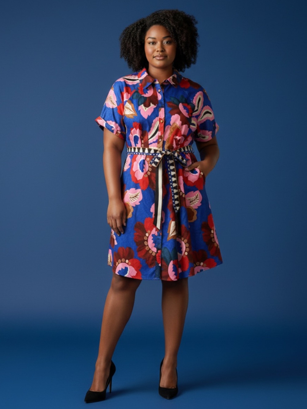 kensie Royal Blue Floral Button-Front Shirt Dress with Belt